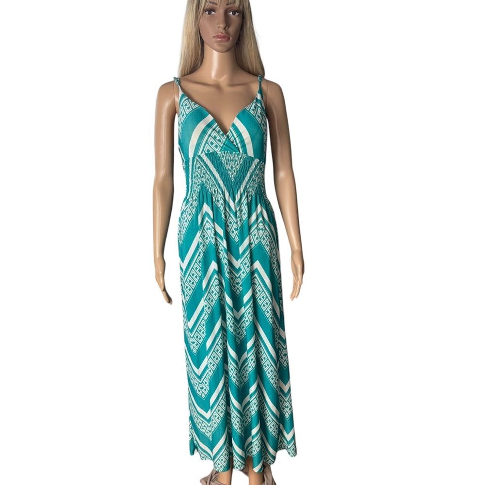NYC brand Maxi Dress Turquoise/White Geometric Print Adjustable Straps Size L